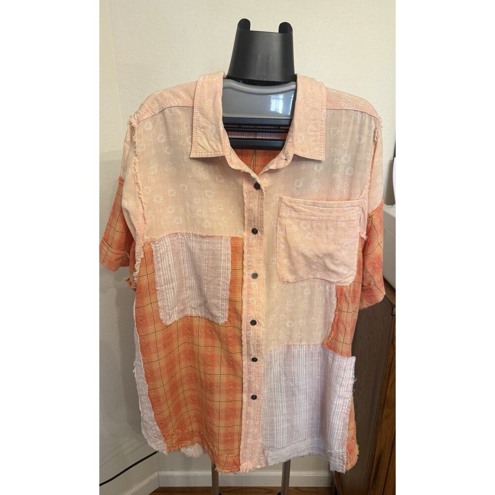 BLUE VELVET Patchwork Button-Up Shirt Orange Combo Short slv size S runs larger